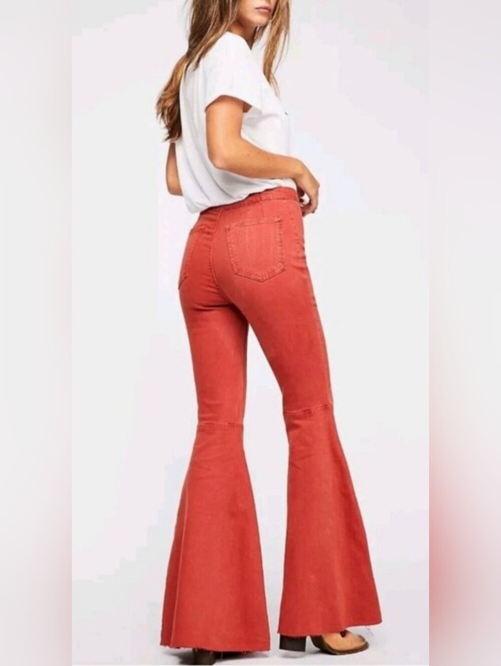Free People We The Free Just Float On Flare Jeans Rust Orange Coral Red Size 27